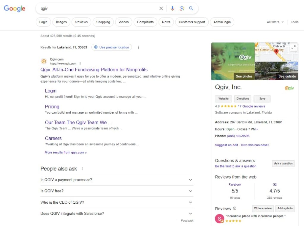 screenshot of Qgiv's Google SERP for SEO for nonprofits