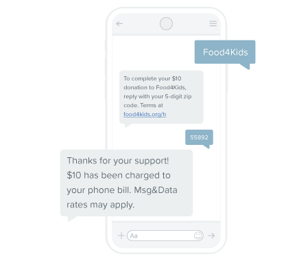 Phone screen showing an example of Text-to-give messaging featuring the "food4kids" keyword campaign