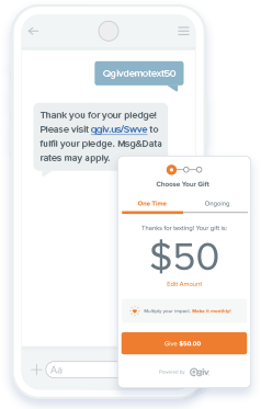 example of text-to-donate campaign featuring a $50 donation on a mobile donation form