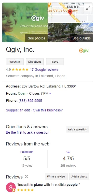 screenshot of Qgiv's local listing on Google for SEO for nonprofits