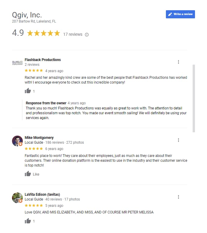 screenshot of Qgiv's Google reviews for SEO for nonprofits