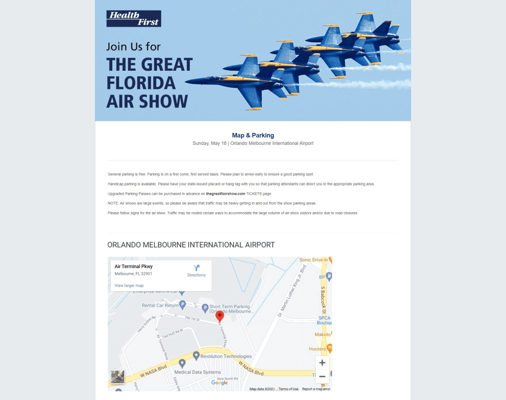 Health First Day at the Great Florida Air Show map and parking instructions page