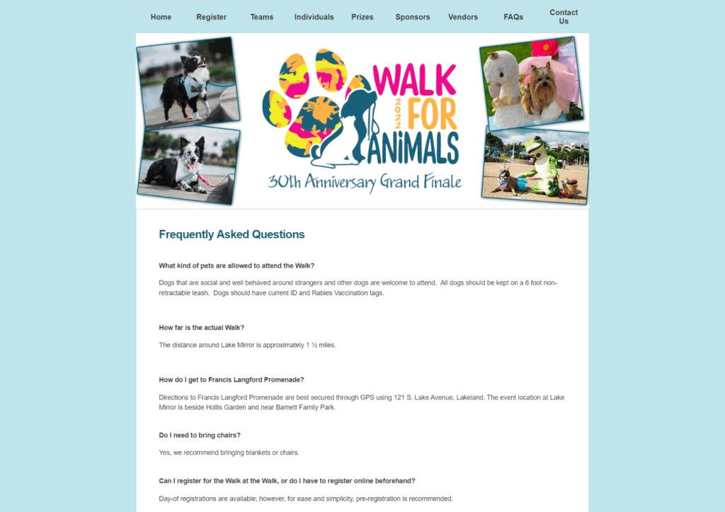 Frequently Asked Questions page from the 2022 Walk For Animals 30th Anniversary Grand Finale.