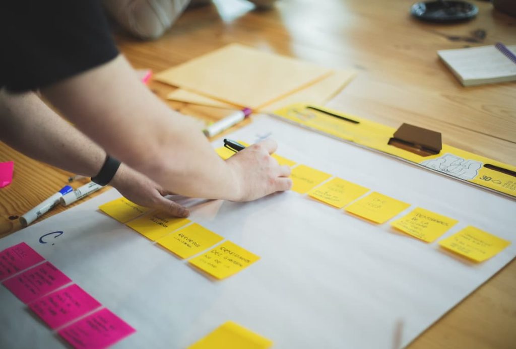 people planning virtual fundraising strategies with post-it notes