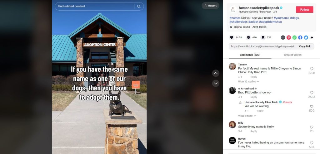 screenshot of  Humane Society of Pikes Peak tiktok campaign for social media for nonprofits