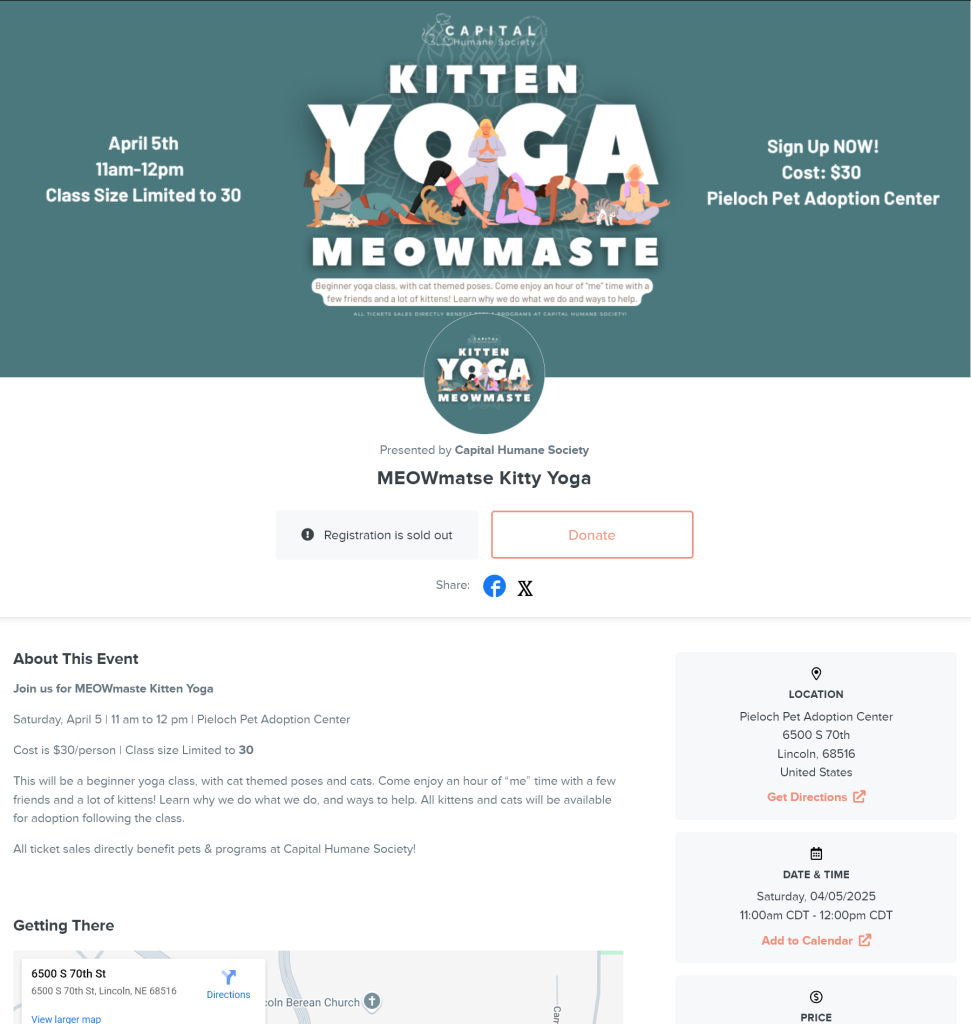 Screenshot of Kitten Yoga Meow-maste event registration page